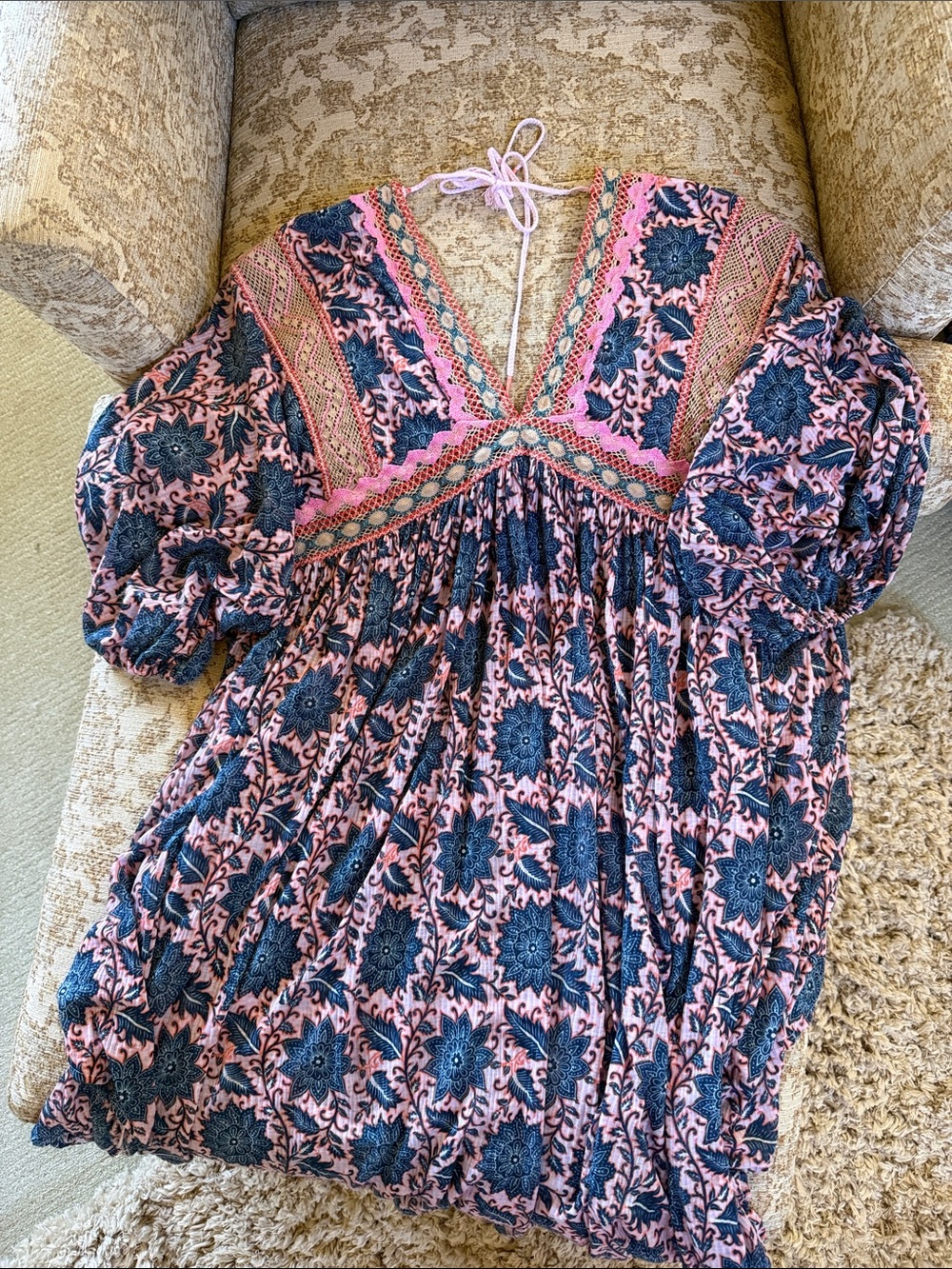Boho Pink & Navy Floral Kids Dress with Embroidered Trim